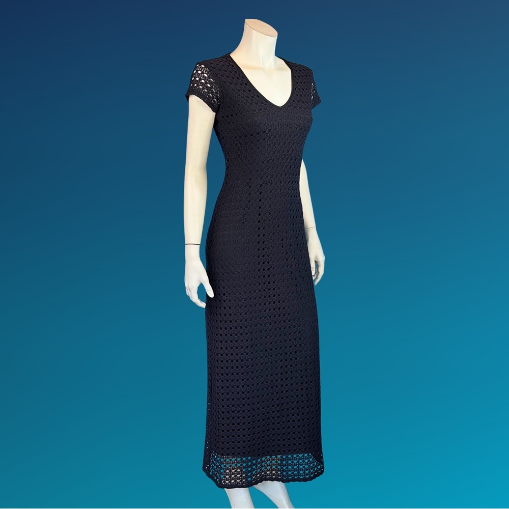 90s LADDER Knit V Neck Goth Tshirt Maxi Dress / Black / XS S